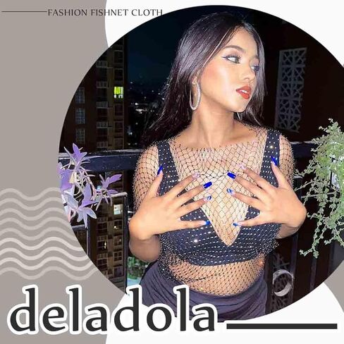 بلوزة ديلادولا سباركلي مرصعة بأحجار الراين شبكية قصيرة كريستالية سوداء شبكية شفافة شفافة من خلال الملهى الليلي للنساء... in Kuwait