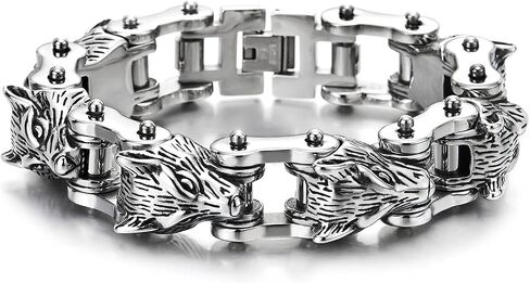 COOLSTEELANDBEYOND Men Heavy and Sturdy Steel Wolf Heads Link Chain Motorcycle Bike Chain Bracelet with Fold-Over Clasp in Saudi Arabia