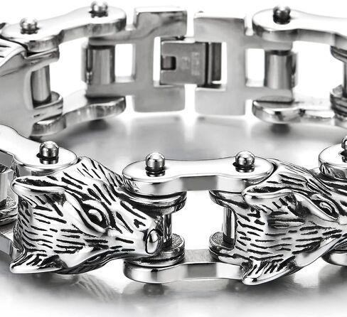 COOLSTEELANDBEYOND Men Heavy and Sturdy Steel Wolf Heads Link Chain Motorcycle Bike Chain Bracelet with Fold-Over Clasp in Saudi Arabia