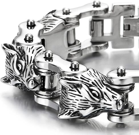 COOLSTEELANDBEYOND Men Heavy and Sturdy Steel Wolf Heads Link Chain Motorcycle Bike Chain Bracelet with Fold-Over Clasp in Saudi Arabia