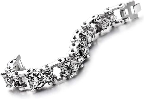 COOLSTEELANDBEYOND Men Heavy and Sturdy Steel Wolf Heads Link Chain Motorcycle Bike Chain Bracelet with Fold-Over Clasp in Saudi Arabia