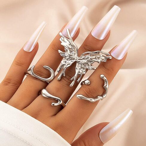 Chargances 4pcs Punk Large Butterfly Finger Rings Vintage Silver Stackable Butterfly Knuckle Rings Fahsion Irregular Shape Mid Rings for Women and Girls in Kuwait