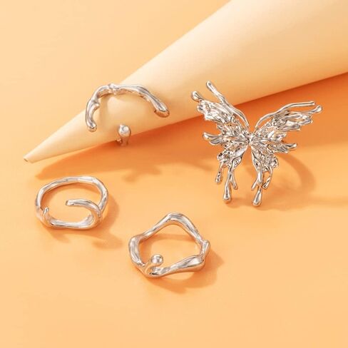 Chargances 4pcs Punk Large Butterfly Finger Rings Vintage Silver Stackable Butterfly Knuckle Rings Fahsion Irregular Shape Mid Rings for Women and Girls in Kuwait