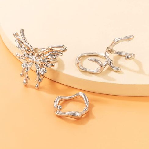 Chargances 4pcs Punk Large Butterfly Finger Rings Vintage Silver Stackable Butterfly Knuckle Rings Fahsion Irregular Shape Mid Rings for Women and Girls in Kuwait