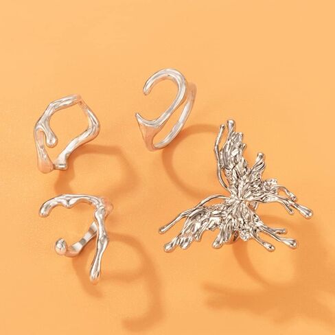 Chargances 4pcs Punk Large Butterfly Finger Rings Vintage Silver Stackable Butterfly Knuckle Rings Fahsion Irregular Shape Mid Rings for Women and Girls in Kuwait