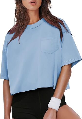 تيشيرتات نسائية كبيرة الحجم بأكمام قصيرة صيفية بلوزات أساسية برقبة دائرية وقمصان للتمرين 100% قطن تي شيرت مع جيب in Kuwait