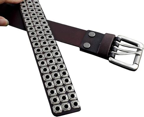 حزام خصر من الجلد الطبيعي مزين بثلاث فتحات للرجال مع ابزيم دوار، بني، مقاس واحد in Kuwait