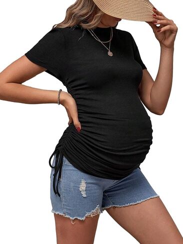 MakeMeChic Women's Maternity Drawstring Short Sleeve Round Neck Ruched Fitted Tee Shirts Tops in Saudi Arabia