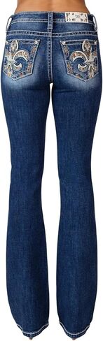 Miss Me Women's Mid-Rise Colorful Embossed Fleur De Lis Embellished Pockets Bootcut Jeans in Saudi Arabia