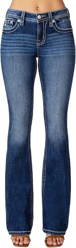 Miss Me Women's Mid-Rise Colorful Embossed Fleur De Lis Embellished Pockets Bootcut Jeans in Saudi Arabia