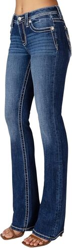 Miss Me Women's Mid-Rise Colorful Embossed Fleur De Lis Embellished Pockets Bootcut Jeans in Saudi Arabia
