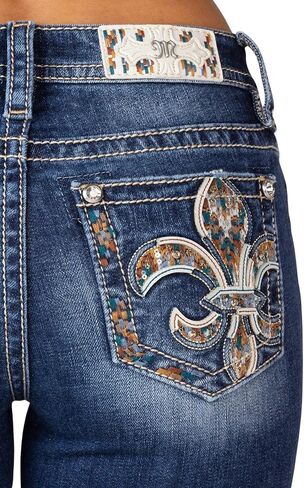 Miss Me Women's Mid-Rise Colorful Embossed Fleur De Lis Embellished Pockets Bootcut Jeans in Saudi Arabia