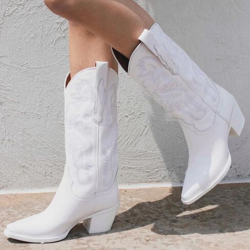 Mattiventon Cowgirl Boots for Women Embroidery Mid Calf Cowboy Boots Vintage Pull on Western Boots in Saudi Arabia