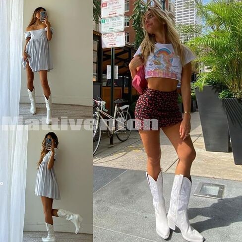 Mattiventon Cowgirl Boots for Women Embroidery Mid Calf Cowboy Boots Vintage Pull on Western Boots in Saudi Arabia
