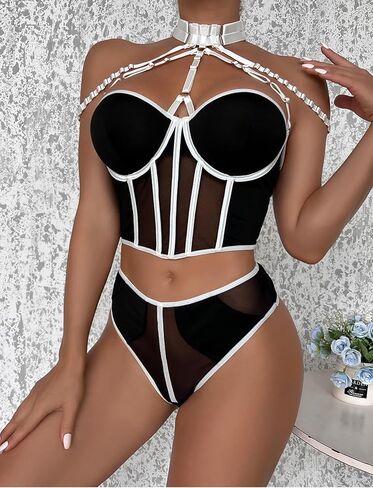 Sexy Womens Lingerie Sets 2 Pieces Corset Boudoir Concert Outfits For Women Bra And Panty Set With Choker in Saudi Arabia