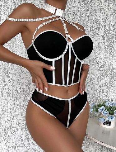 Sexy Womens Lingerie Sets 2 Pieces Corset Boudoir Concert Outfits For Women Bra And Panty Set With Choker in Saudi Arabia