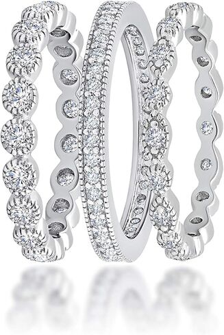 MAX + STONE 3 Piece CZ Eternity Stackable Fashion, Engagement, or Wedding Bands in Solid Sterling Silver in Saudi Arabia