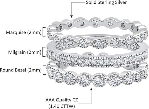 MAX + STONE 3 Piece CZ Eternity Stackable Fashion, Engagement, or Wedding Bands in Solid Sterling Silver in Saudi Arabia
