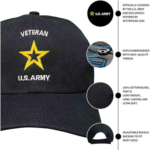 VetFriends.com US Army Veteran Hat Officially Licensed Yellow Army Star Embroidered on Black Hat in Saudi Arabia