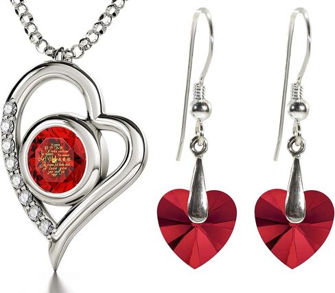 NanoStyle 925 Sterling Silver I Love You Heart Necklace and Crystal Dangle Earrings Jewelry Set for Women Crystal Love Pendant is Pure Gold Inscribed in 12 Languages in Miniature Text, 18" Rolo Chain in Saudi Arabia