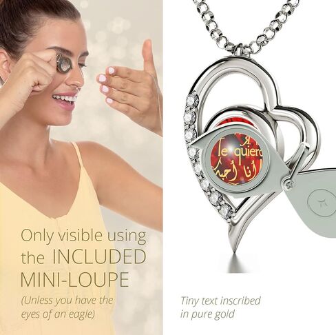 NanoStyle 925 Sterling Silver I Love You Heart Necklace and Crystal Dangle Earrings Jewelry Set for Women Crystal Love Pendant is Pure Gold Inscribed in 12 Languages in Miniature Text, 18" Rolo Chain in Saudi Arabia