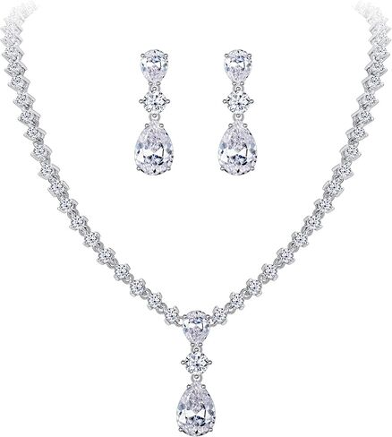 EleQueen Women's Sparkle Cubic Zirconia Floral Teardrop Necklace Earrings Bracelet Bridal Jewelry Set for Women Party Prom in Kuwait