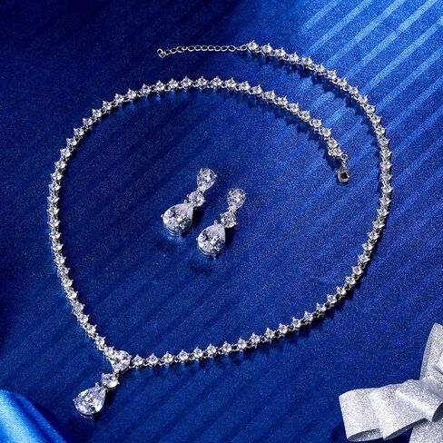 EleQueen Women's Sparkle Cubic Zirconia Floral Teardrop Necklace Earrings Bracelet Bridal Jewelry Set for Women Party Prom in Kuwait