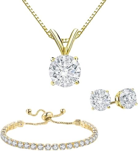 18K Yellow Gold 3 Set Created White Sapphire Round Necklace, Earrings And Tennis Bracelet Plated in Saudi Arabia