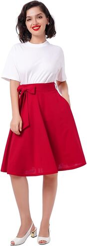 Women's Vintage Flared Skirt 1950s Belted Midi Skirt Solid A-Line Knee Length Skirts with Pockets in Saudi Arabia