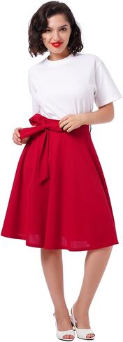 Women's Vintage Flared Skirt 1950s Belted Midi Skirt Solid A-Line Knee Length Skirts with Pockets in Saudi Arabia