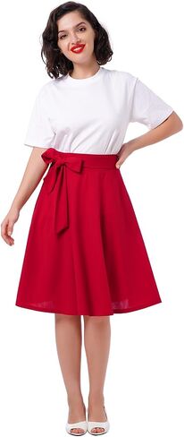 Women's Vintage Flared Skirt 1950s Belted Midi Skirt Solid A-Line Knee Length Skirts with Pockets in Saudi Arabia