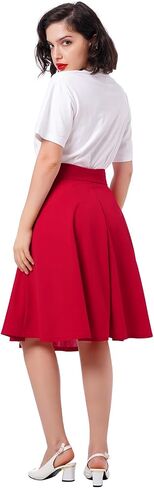 Women's Vintage Flared Skirt 1950s Belted Midi Skirt Solid A-Line Knee Length Skirts with Pockets in Saudi Arabia