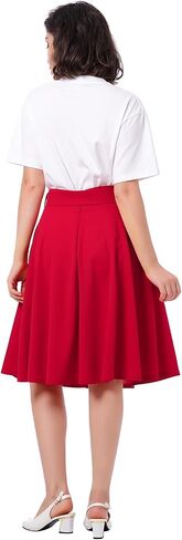 Women's Vintage Flared Skirt 1950s Belted Midi Skirt Solid A-Line Knee Length Skirts with Pockets in Saudi Arabia