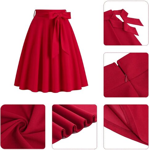Women's Vintage Flared Skirt 1950s Belted Midi Skirt Solid A-Line Knee Length Skirts with Pockets in Saudi Arabia
