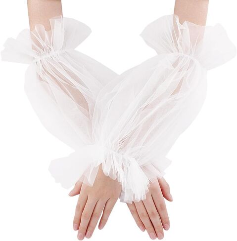 OLYCRAFT 1 Pair White Detachable Puff Sleeves Lace Removable Puffy Sleeves for Wedding Dress 15.5 inch Long Puffy Plain Tulle Sheer Full Sleeve for Wedding Gift Bridal Accessories in Saudi Arabia
