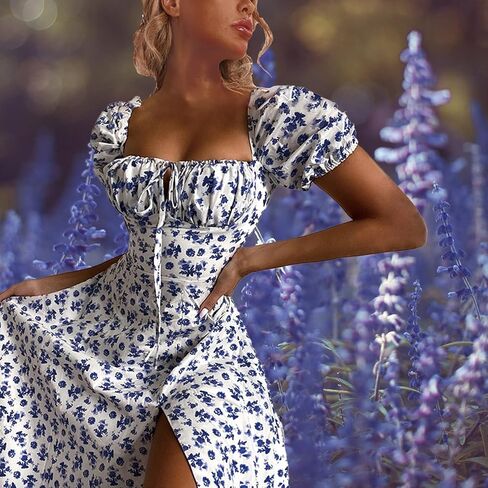 فستان بوهو للنساء فستان كوتاجكور فستان طويل صيفي ملفوف بالزهور كاجوال عتيق برقبة مربعة وحاشية مكشكشة فستان شاطئ منقسم in Kuwait