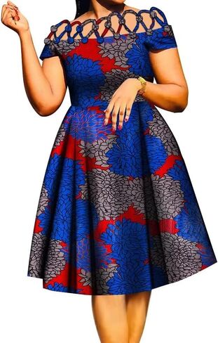 XIAOHUAGUA فساتين أفريقية للنساء حبل قطني ياقة منسوجة ملابس شمع مطبوعة أفريقية بطول الركبة فستان للسيدات in Kuwait