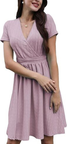 Women's Spring Summer Short Sleeve Casual Dresses V-Neck Floral Party Dress with Pockets in Saudi Arabia
