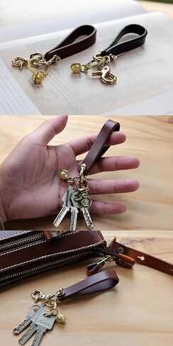 IJUN سلسلة مفاتيح جلدية الحبوب الكاملة حلقة رئيسية حزام الحبل مع جرس النمر النحاسي وحلقة تسلق خمر جلد البقر المدبوغة in Kuwait