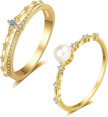 2PCS خواتم الذهب لذيذ للنساء طبقة مزدوجة زركونيا التراص خواتم للفتيات في سن المراهقة خواتم اللؤلؤ بيان للفتيات مجوهرات الهدايا حجم 5-9 in Kuwait