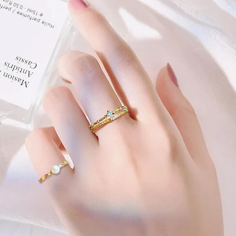 2PCS خواتم الذهب لذيذ للنساء طبقة مزدوجة زركونيا التراص خواتم للفتيات في سن المراهقة خواتم اللؤلؤ بيان للفتيات مجوهرات الهدايا حجم 5-9 in Kuwait