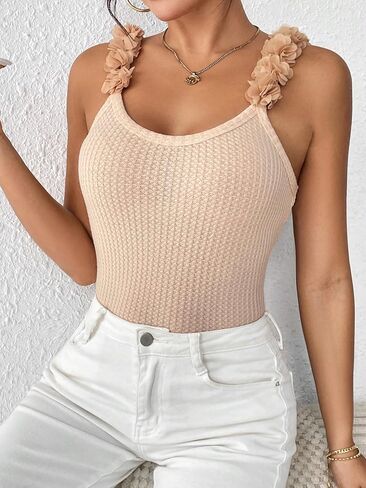 COZYEASE Women's Appliques Back Frill Shirred Cami Bodysuit Trendy Sleeveless Backless Slim Fit Body Shapewear in Saudi Arabia