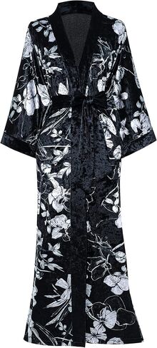 PRODESIGN Women's Long Velvet Robe Gold Printed Soft Warm Bathrobe Loose Sleepwear Nightgown in Kuwait