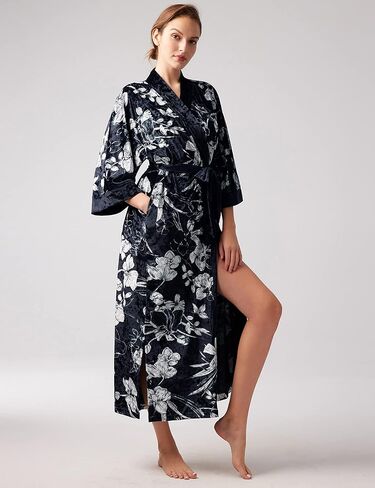 PRODESIGN Women's Long Velvet Robe Gold Printed Soft Warm Bathrobe Loose Sleepwear Nightgown in Kuwait