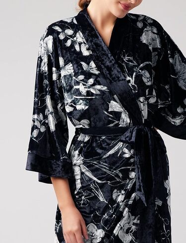 PRODESIGN Women's Long Velvet Robe Gold Printed Soft Warm Bathrobe Loose Sleepwear Nightgown in Kuwait