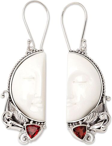 NOVICA Artisan Handmade Garnet Dangle Earrings Bone from Bali .925 Sterling Silver Red White Statement Indonesia Birthstone 'Half of My Soul' in Saudi Arabia
