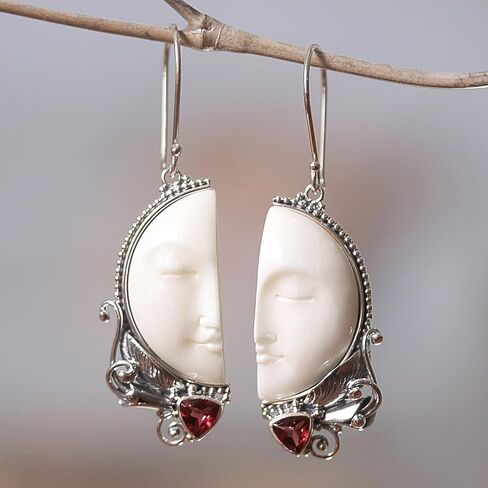 NOVICA Artisan Handmade Garnet Dangle Earrings Bone from Bali .925 Sterling Silver Red White Statement Indonesia Birthstone 'Half of My Soul' in Saudi Arabia