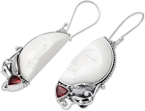 NOVICA Artisan Handmade Garnet Dangle Earrings Bone from Bali .925 Sterling Silver Red White Statement Indonesia Birthstone 'Half of My Soul' in Saudi Arabia