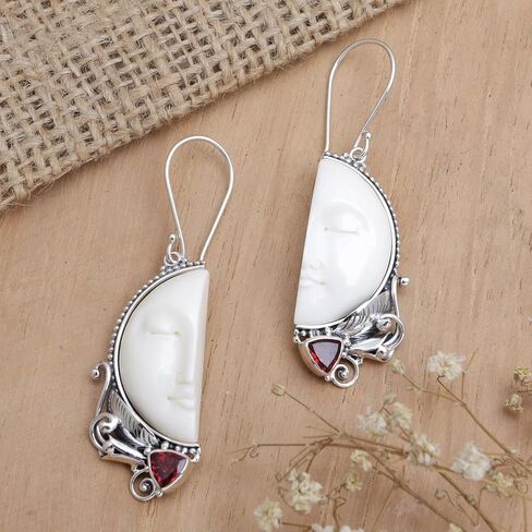NOVICA Artisan Handmade Garnet Dangle Earrings Bone from Bali .925 Sterling Silver Red White Statement Indonesia Birthstone 'Half of My Soul' in Saudi Arabia
