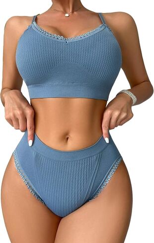 Milumia المرأة 2 قطعة مضلع متماسكة مريح الملابس الداخلية الدانتيل تقليم Bralette واللباس الداخلي الملابس الداخلية مطابقة مجموعات in Saudi Arabia